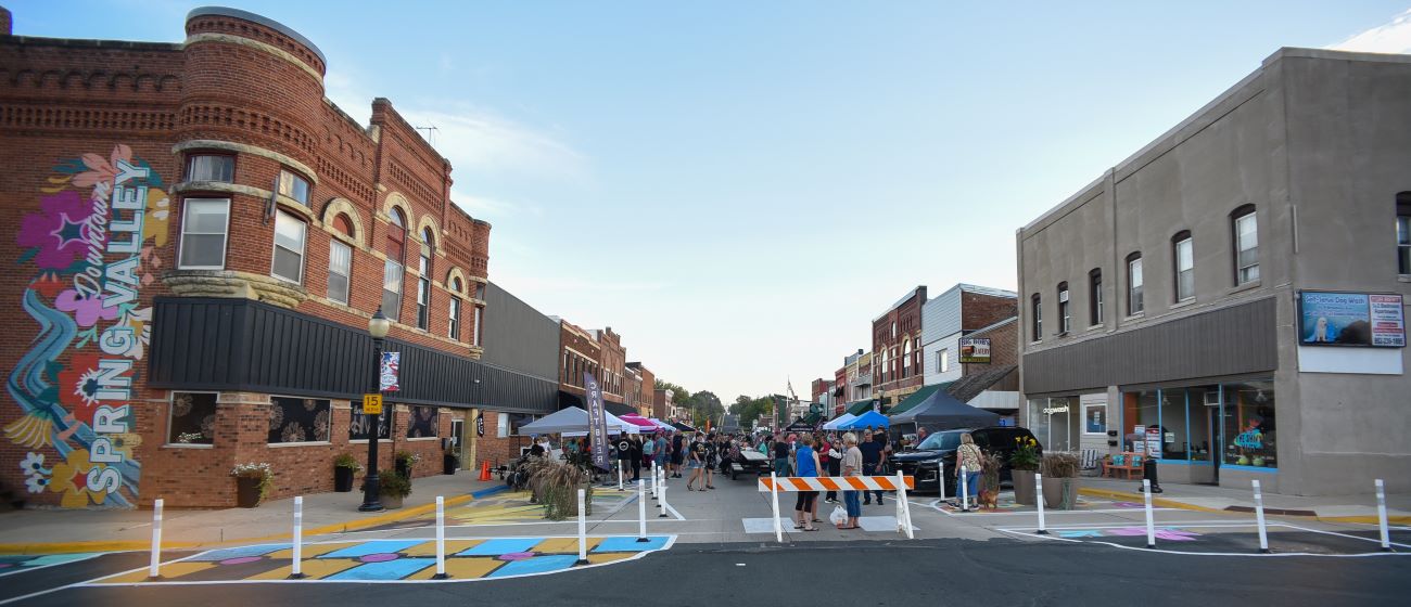 A wide angle view of downtown Spring Valley showing pedestrian improvements to flow.