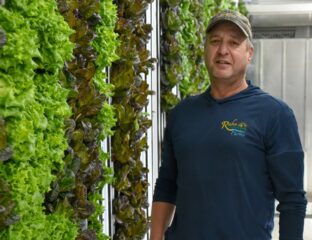 Tony Rahe stands next to a wall of lettuce in one of his hydroponic growing containers at Rahe of Sunshine Farms in Wykoff.