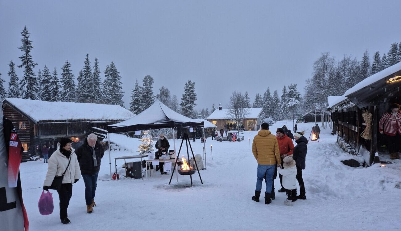 Snowy view of part of the Christmas Market held on campus in Rauland.