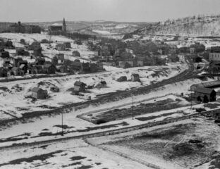 Black and white aerial photo of Lanesboro town from the 1800s.