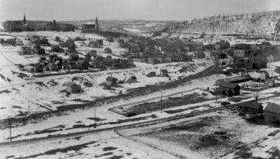 Black and white aerial photo of Lanesboro town from the 1800s.