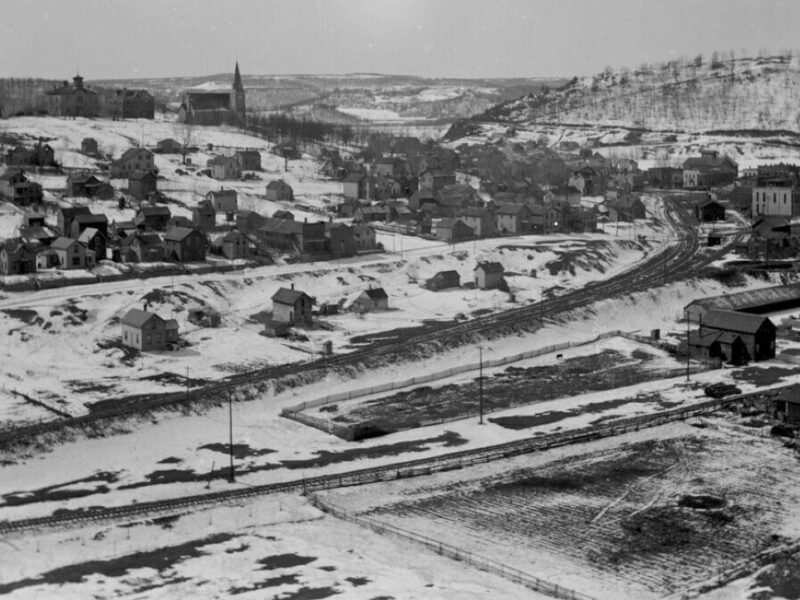 Black and white aerial photo of Lanesboro town from the 1800s.