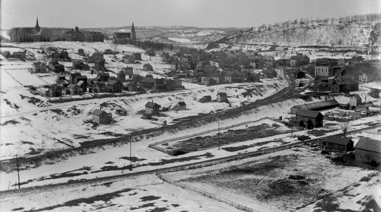 Black and white aerial photo of Lanesboro town from the 1800s.