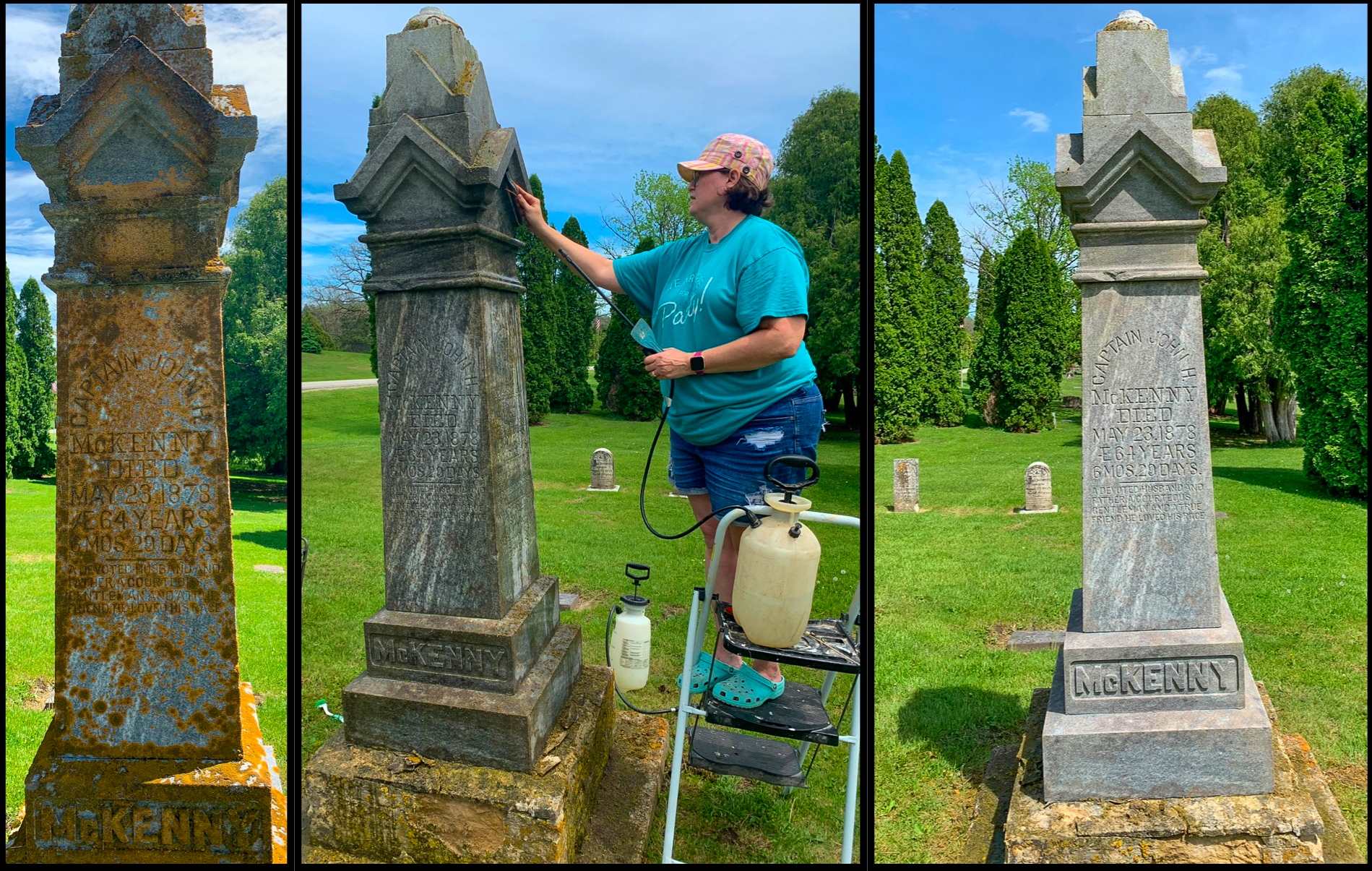 The Captain John H. McKenny headstone in the Chatfield Cemetery is transformed. At left is the headstone in the condition Jill Helget found it. In the middle view is Helget working on the headstone and on the right is the clean headstone from 1878.