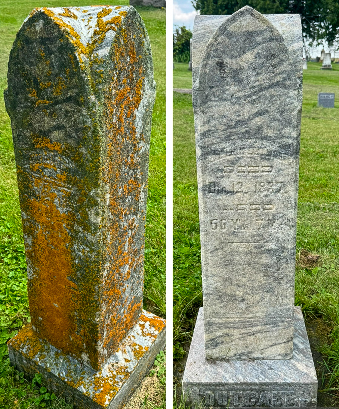 Before and after views of the headstone of Robert Julius Outcalt, who died in 1887 and is buried in the Orion Cemetery, Cummingsville.