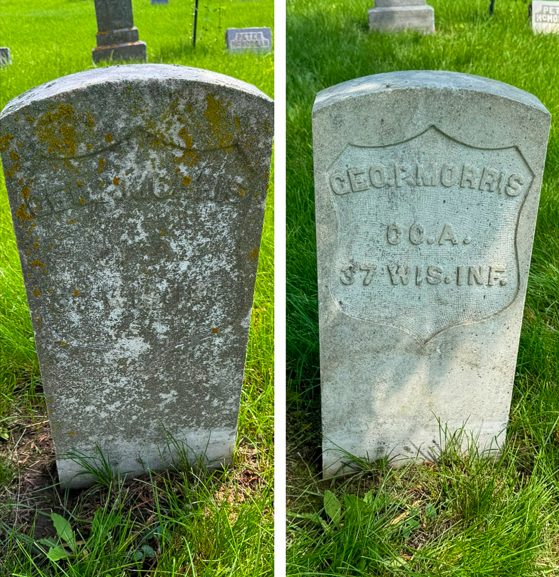 Before and after cleaning photos of George P. Morris headstone in Cummingsville cemetery.