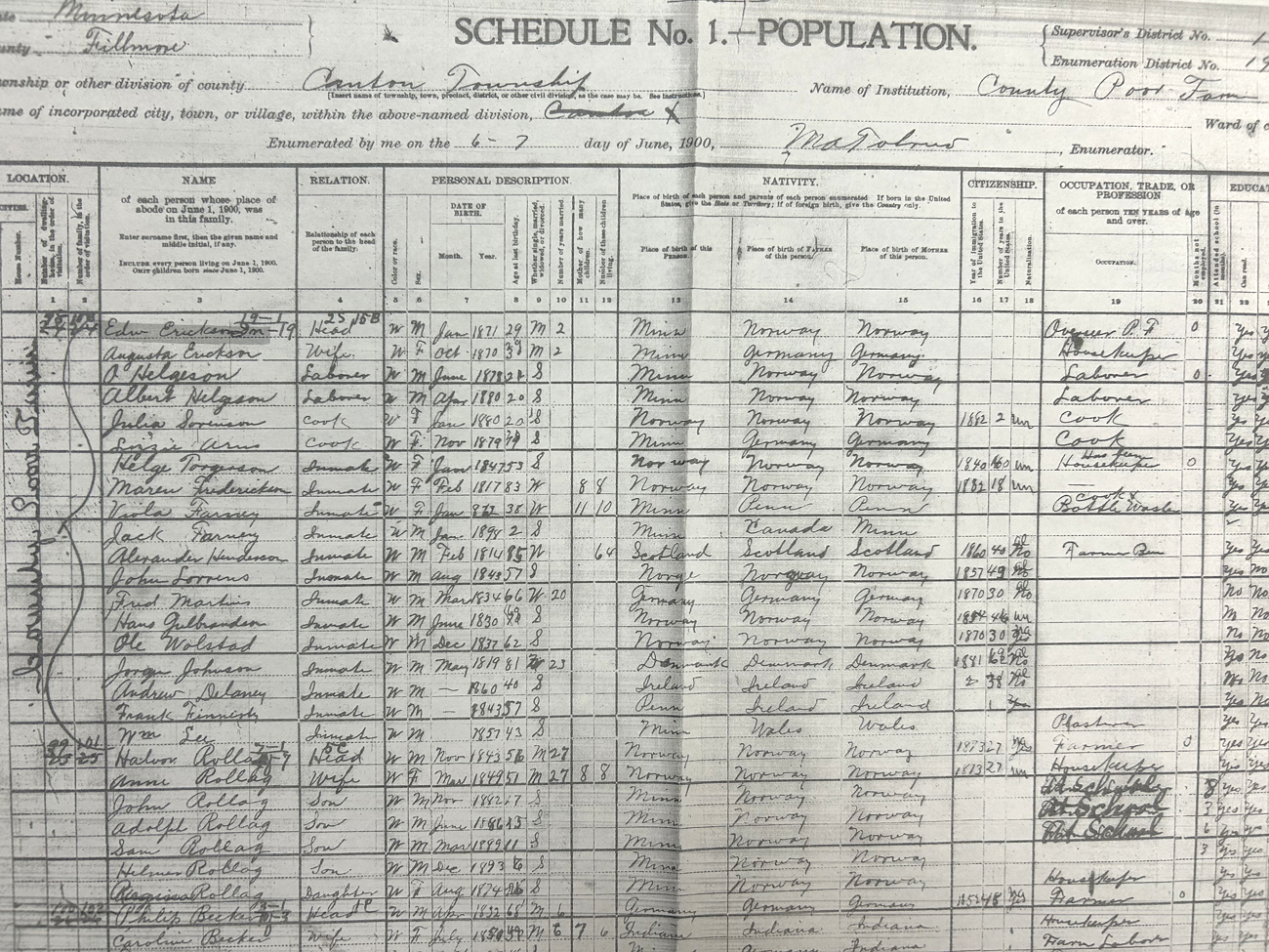 A black and white two page spread with cursive writing from a census book.