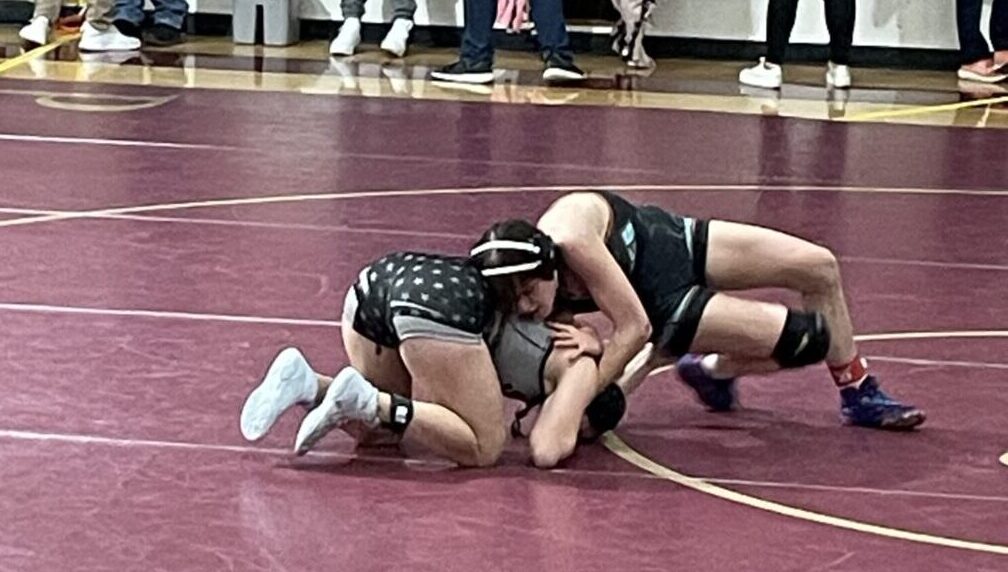 Two girls wrestle in a competition while fans and team watch.