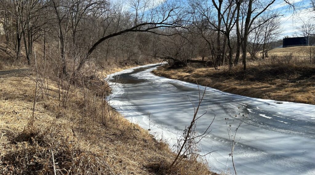 Snow and ice cover a meandering river. Tire tracks can be seen in the ice and the surrounding bank is covered in brown grass and leafless trees and bushes.