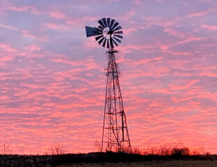 An old fashioned metal windmill stands above a field against a sky of pink and blue clouds at sunset