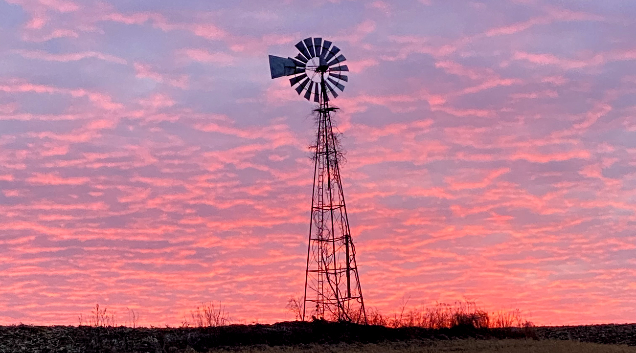 An old fashioned metal windmill stands above a field against a sky of pink and blue clouds at sunset