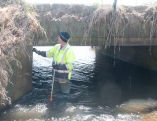 A man in a bright yellow vest stands in a creek under a cement bridge covered in dried brush.
