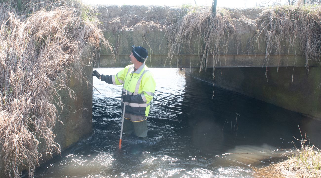 A man in a bright yellow vest stands in a creek under a cement bridge covered in dried brush.