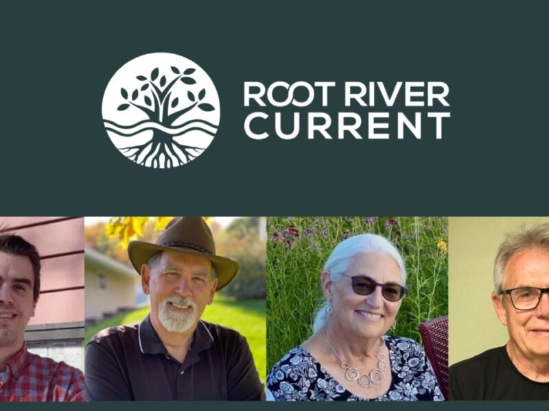 root river current logo and pictures of four people