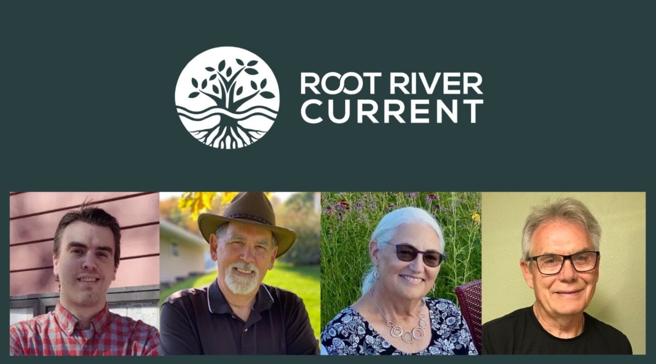 root river current logo and pictures of four people