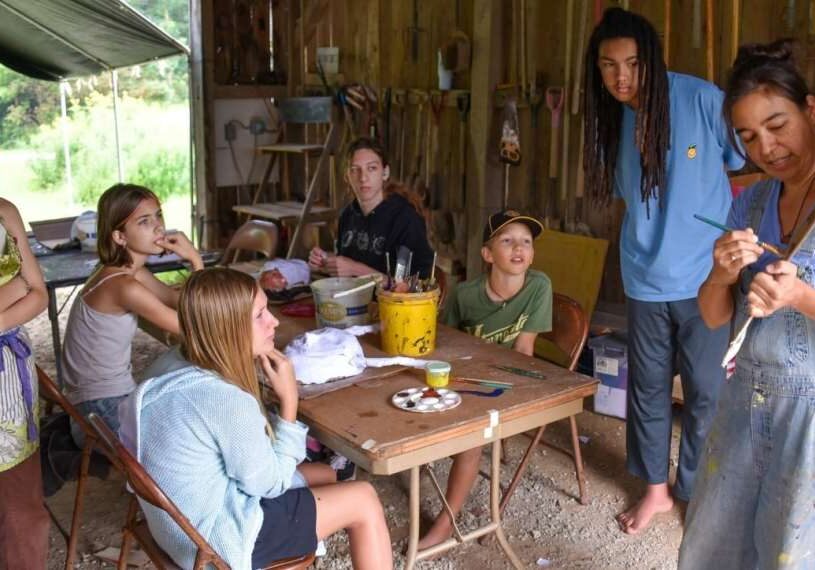 1PuppetMaking-1a kids gathered at table with art supplies
