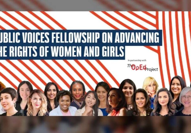 2024-EN fellowship Cohort-1 A large group of women along the bottom in front of a graphics which include multiple red lines extending diagonally in many directions. With a headline of white letters on a dark blue background covering the top third of the page. Headline says: Public voices fellowship on advancing the rights of women and girls. Also shown is the OpEd logo in the lower-middle right space.