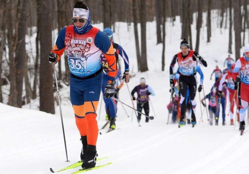 cross country skiers on a snowy trail