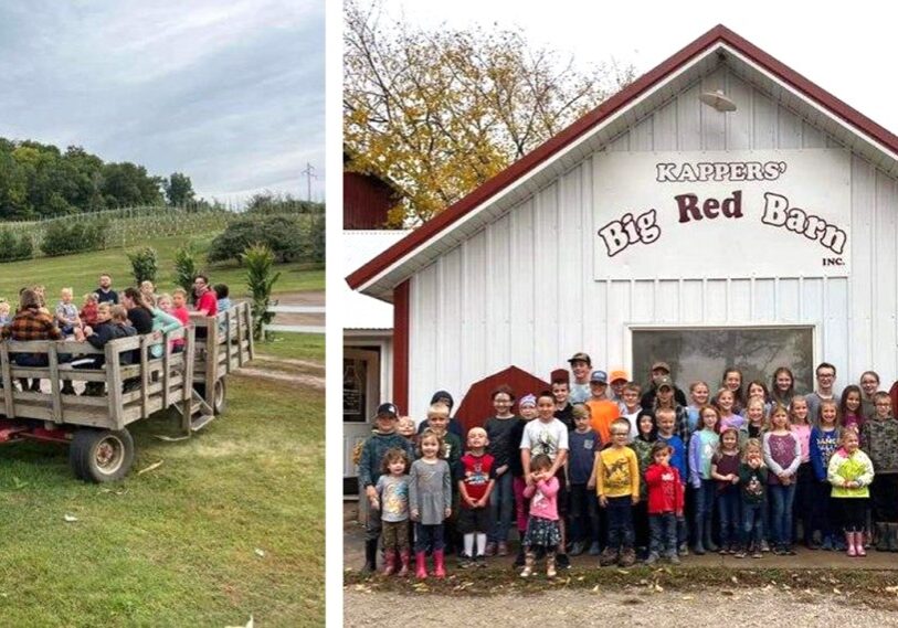 Lead Photo Homeschoolers team up to provide group-learning opportunities for their students. At left, Odyssey Homeschool Association families explore the Ferguson Apple Orchard in Galesville, Wisconsin (submitted photo). At right, Christian Homeschoolers of Fillmore County families in front of Kapper’s Big Red Barn near Chatfield. (Photo by Mya Hagen)