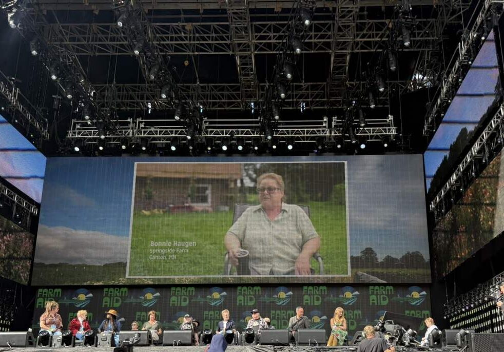 A large screen behind a stage lined with people in chairs shows a womean sitting in a folding chair in her grassy yard.