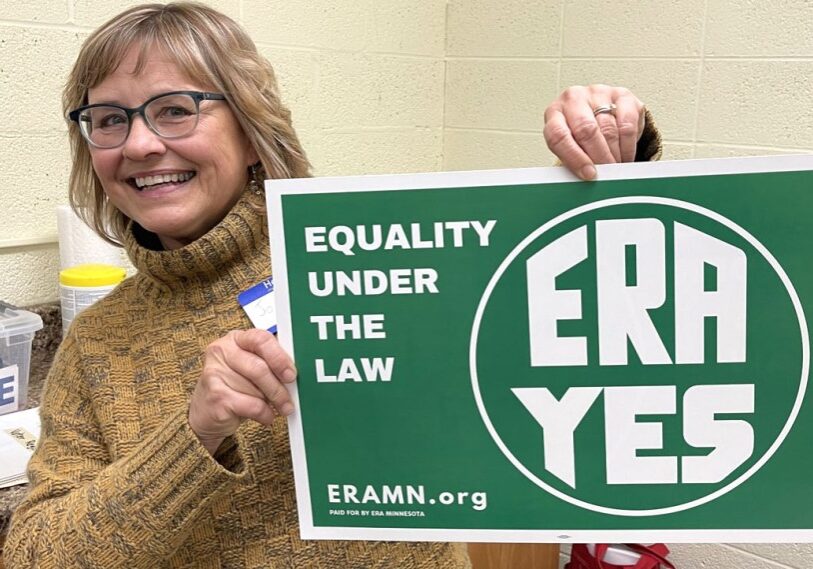 PHOTO 1 Agrimson Jo Anne Agrimson, Co-President of Fillmore County League of Women Voters, shows her support for ratifying the Equal Rights Amendment (ERA). (Photo by Renee Bergstrom)