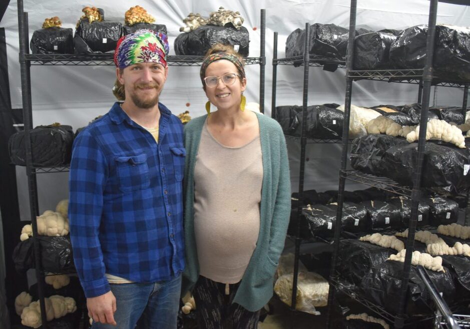 Couple stands in front of racks filled with growing mushrooms.