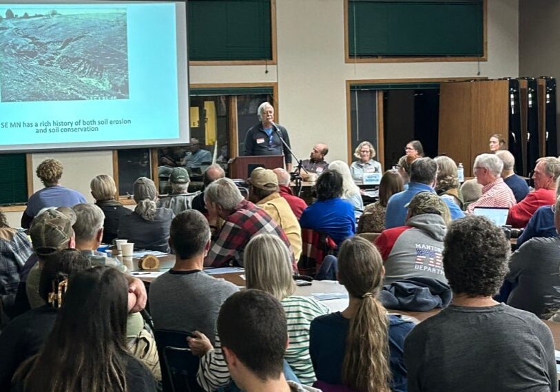 PHOTO 1 PAUL WOTZKA Paul Wotzka, hydrologist and co-founder of the Minnesota Well Owners Organization, speaks about the challenges karst geology presents to water quality in Fillmore County during a Water Quality Forum at Eagle Bluff Environmental Learning Center, Lanesboro, on November 16. (Photo by John Torgrimson)