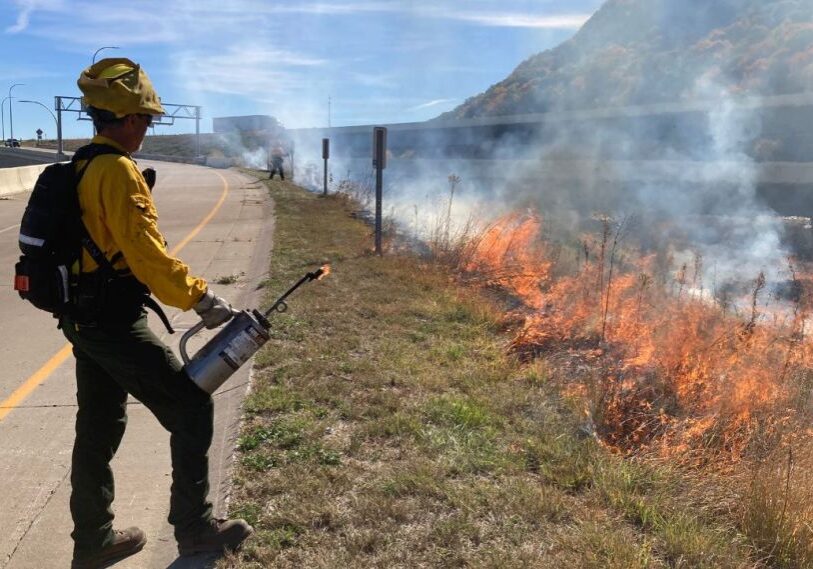 PHOTO 1 Steve Reinhart Prescribed Burn A low fire burns in vegetation in a ditch along a highway while a worker with fire gear and a drip torch looks on.