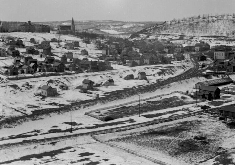 PHOTO-3-historical-Lanesboro-1A Black and white aerial photo of Lanesboro town from the 1800s.