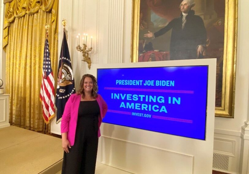Photo 1 Bree Maki at the White House credit Bree Maki Minnesota Office of Broadband Development Executive Director, Bree Maki, attends a White House celebration of funding for nationwide broadband. (Photo courtesy of Bree Maki.)