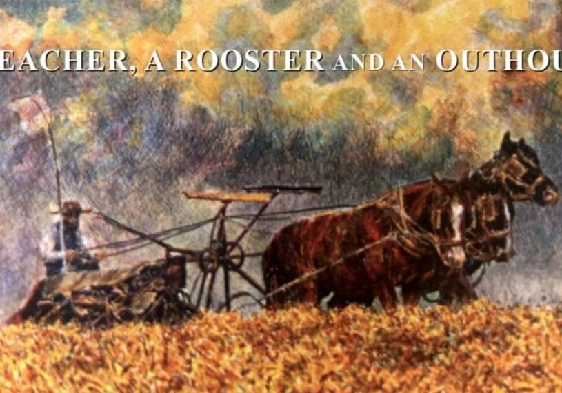 An illustration of two large horses pulling farm equipment through a brown field with a dark gray and yellow cloudy sky behind them.