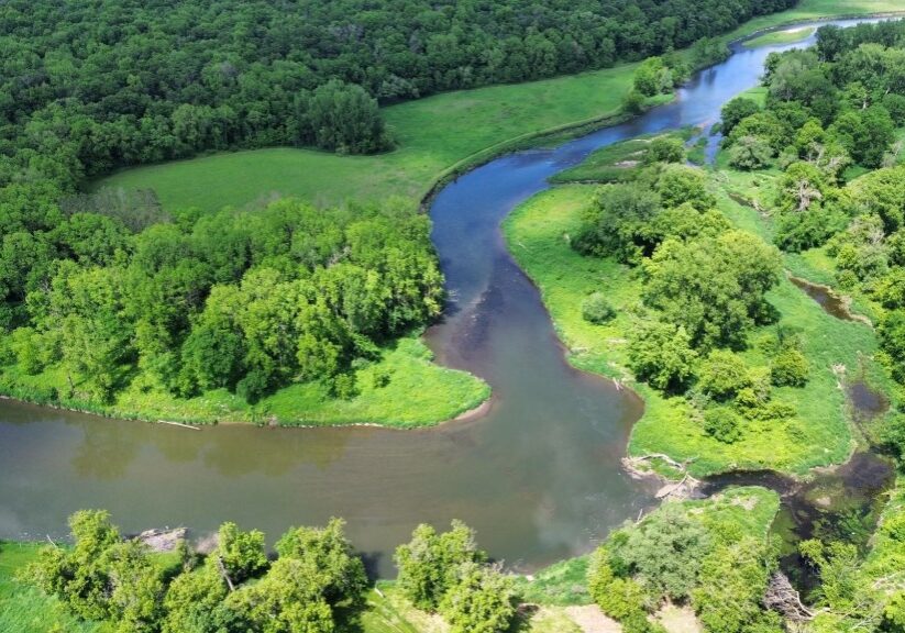 The Root River's North Branch takes an unnatural twist to the north at the site of a former hydroelectric dam. The river channel originally curved to the right – now mostly grown over with trees. (Photo by Dan Brown)