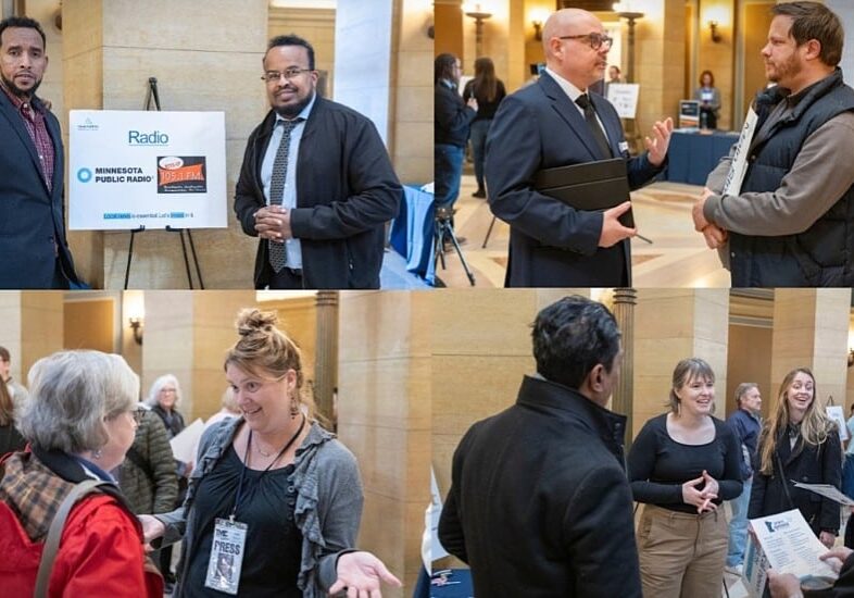collage of photos of people talking at the MN State Capitol rotunda.