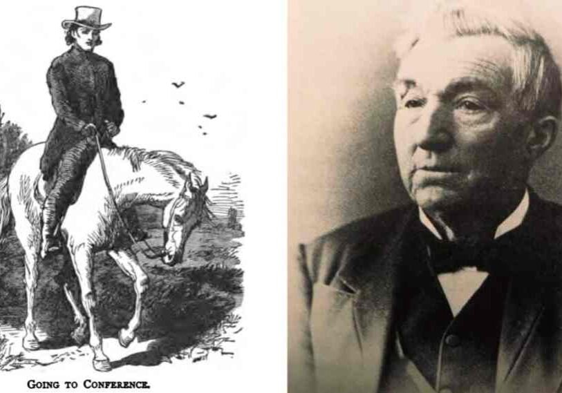 Illustration: "Going to Conference" in the book The Circuit Rider A Tale of the Heroic Age by Edward Eggleston (left). Portrait of Father John Lewis Dyer (right). (Acquired through Public Domain)
