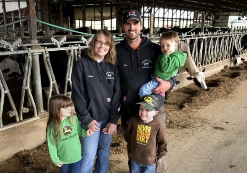 Josh and Steph Dahl and their three children are pictured on their 450 acre farm south of Rushford. The Dahl’s operate a 160-cow dairy and are involved in the Root River Field to Stream Partnership to control runoff and soil erosion. (Photo by Ann Wessel, Minnesota Board of Water and Soil Resources--BWSR)