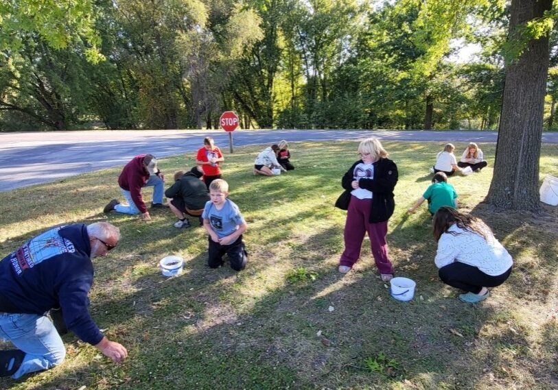 kids collecting acorns in a park